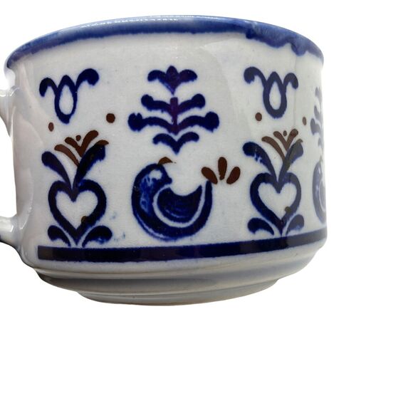 Soup Mug Bowl Handle Primitive Birds Made in Japan Vintage Stoneware Blue Heart - Picture 10 of 16